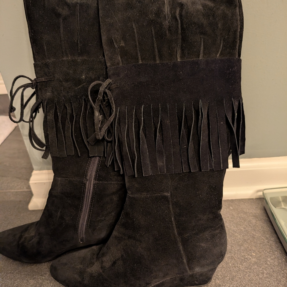 Nine West Black Suede Fringe Heeled Boots
